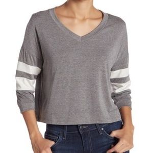 Good Luck Gem Grey Striped Sleeve V-Neck 3/4 Sleeve Tee